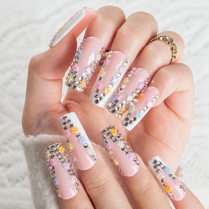 LOVFUL Short French Tip Press on Nails Floral Bloom | Handmade Acrylic Press ons| Reusable Fake False Nails | Square Classic Regular 1.3in | H705-S