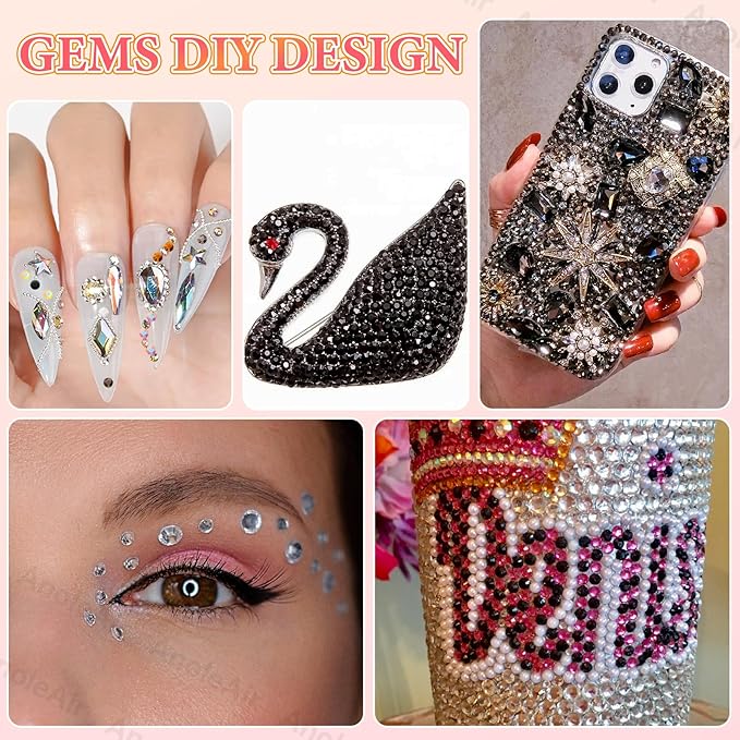 22000Pcs Rhinestones for Bedazzling, Jelly Bedazzling Resin Gems 3-5mm, Black White Silver Gems Bedazzling Kit for Crafting, Flatback Color Black Gold AB Gems for Nails Face Makeup Crafts Tumblers