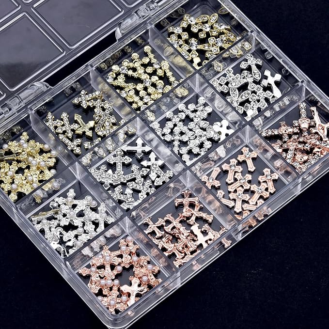 120pcs Cross Nail Art Charms Kit - Gold/Silver/Rose Gold Rhinestones for Press on Nails, Metal Alloy Nail Studs Nail Cross Charms DIY Jewelry, Gothic Nails Design,Acrylic Nails Accessories Supplies