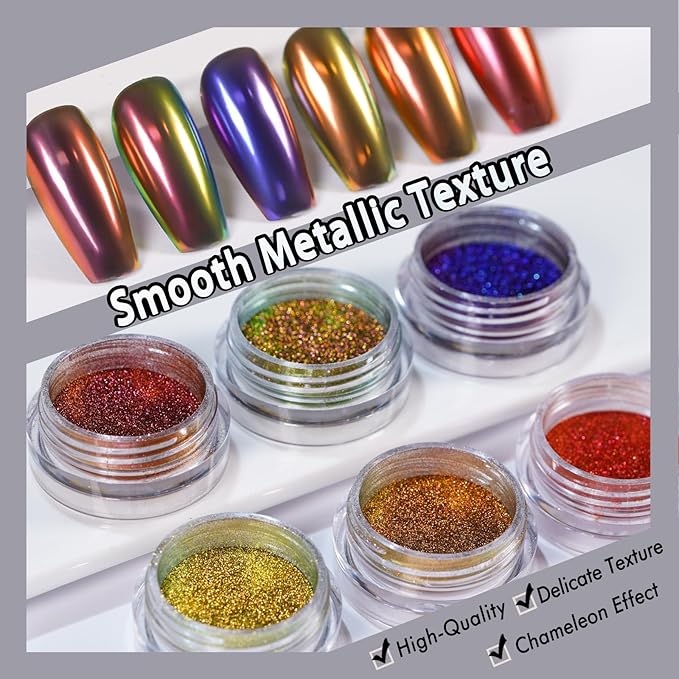 Chrome Nail Powder Iridescent Chameleon Effect Glitter Color Shift Rubbing Pigment Dust Nail Art Decoration, 6 Colors Set 0.5g/Jar