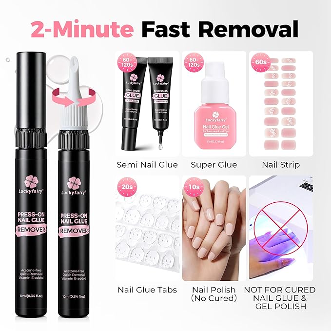 2pcs Nail Glue Remover: Tool-Free Press on Nail Glue Remover Pen, Easy Removal Design, Non Acetone Gentle Formula Quick Nail Polish Remover for Nails Tips