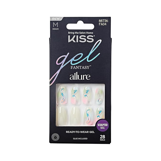 KISS Gel Fantasy Allure Press On Nails, Ready to Wear, 3D Design, Waterproof, Pink Gel Nail Glue 0.07 Oz. (2g), Manicure Stick & Mini File, 28 Count