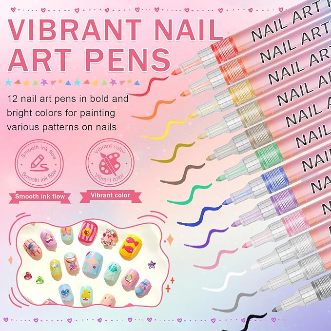 12 Colors Nail Art Pens Set, Nail Polish Pens for Nail Art Quick Drying 3D Acrylic Paint Markers for Painting Dotting Liner Pen Nail Salon DIY Design Kit 0.7mm