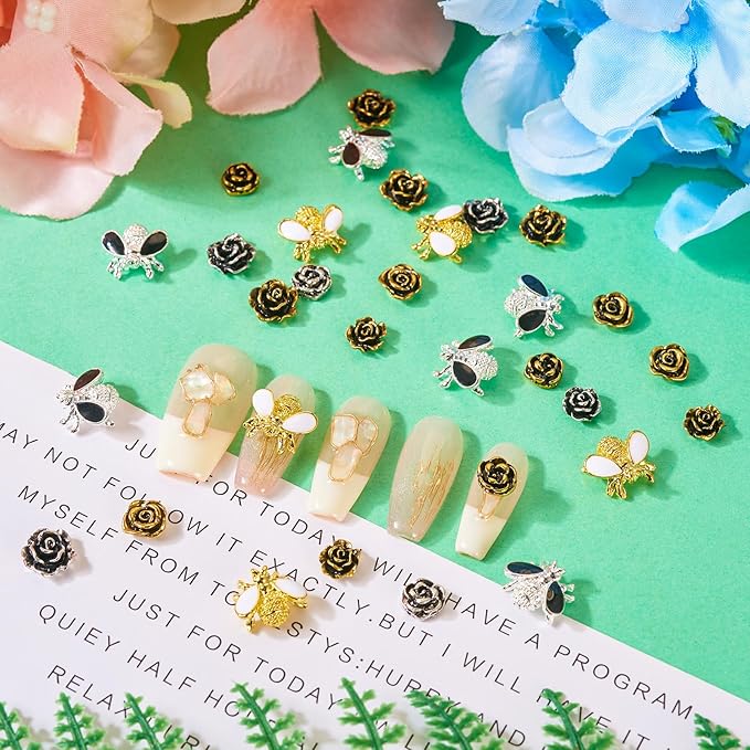 Craftdady 60Pcs Alloy Enamel Bee Rose Nail Art Cabochons Antique Flower Nail Charms Flatbak Metal Nail Beads for Nail Art Scrapbooking DIY Hair Clip Crafts Jewelry Making Supplies