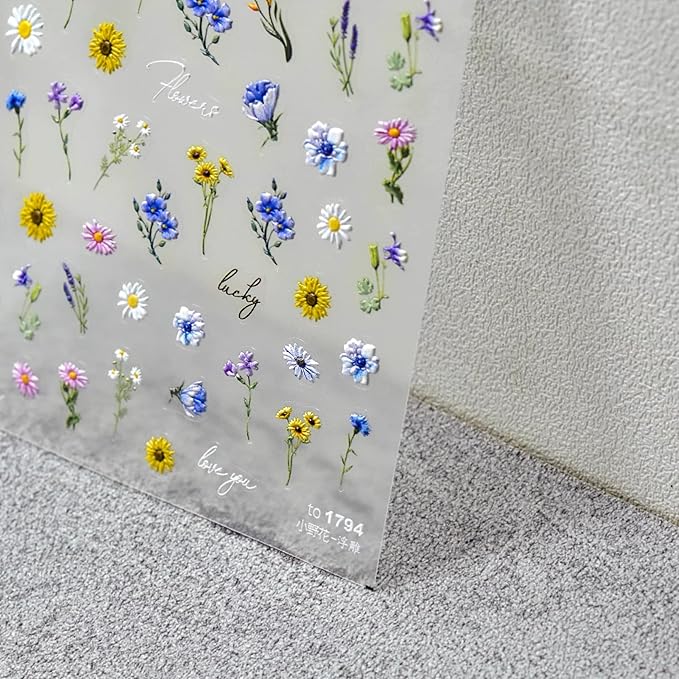 Dedyel Small Daisy Little Wildflowers Nail Stickers 5D Embossed Wildflower Nail Stickers Spring Summer Red Yellow Blue White Flower Design Nail Art Decoration for Women Girls Kids