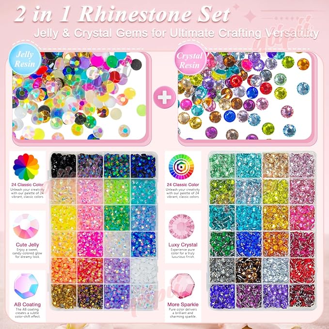48 Color 6mm Jelly AB & Crystal Colorful Resin Rhinestones for Bedazzling Crafting SS30 Flatback Stones Gems Diamonds Charms for Nails Eyes Face Makeup Beauty Tumblers Bottles DIY Crafts Shoes