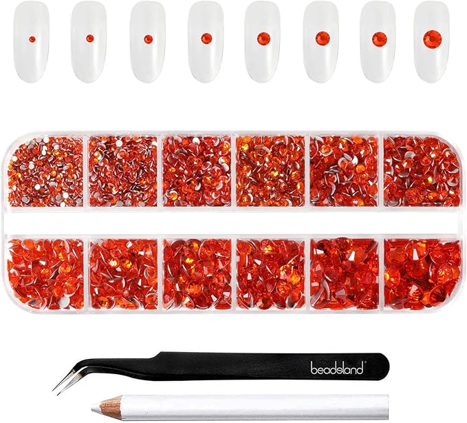 Beadsland Rhinestones for Makeup,8 Sizes 2500pcs Orange Flatback Rhinestones Eye Gems for Nails Crafts with Tweezers and Wax Pencil,Orange,SS4-SS30