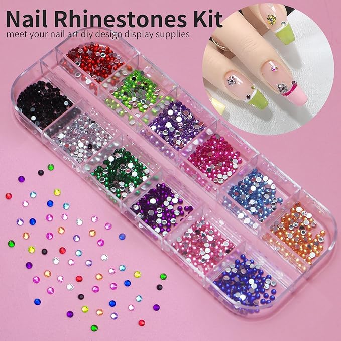 Nail Charms Kit with 30 Sheets Flower Nail Stickers,Colorful Heart Flower Bow 3d Nail Rhinestones And Gems,Nail Pearls Jewels,Tweezer and Wax Pen Art Tools for DIY Design (White And MixColors)