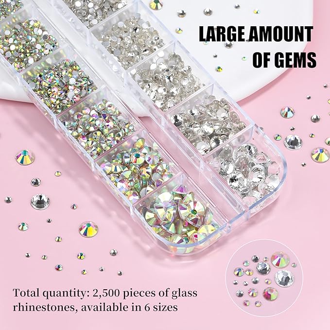 2500Pcs Clear AB Rhinestones for Bedazzling Kit, 1.5/2/2.5/3/4.5/6mm Mix Sizes Bedazzling Resin Gems Flatback Crystal Rhinestones with Pickup Tools for Manicure Crafts DIY (5-K1-glass-rhinestones)
