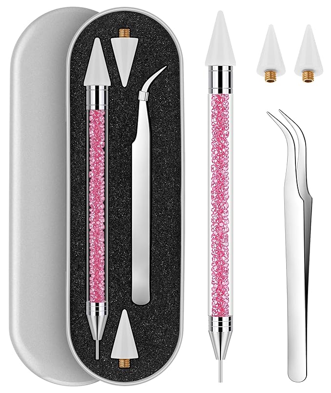 Tatuo Rhinestone Picker Tool Set Wax Pen for Rhinestones Diamond Art Painting Dual Head Dotting Pen with 2 Extra Wax Tips and 1 Nail Art Tweezer for Nail Arts DIY Crafts(Light Pink)