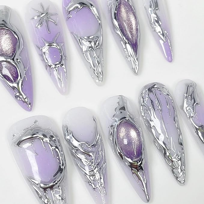 Purple Gradient Press on Nails Long - Handmade Press On Nails Almond Fake Nails with 3D Cat's Eye Designs False Nails Luxury Full Cover French Acrylic Stick on Nail for Women 10Pcs (Size M)