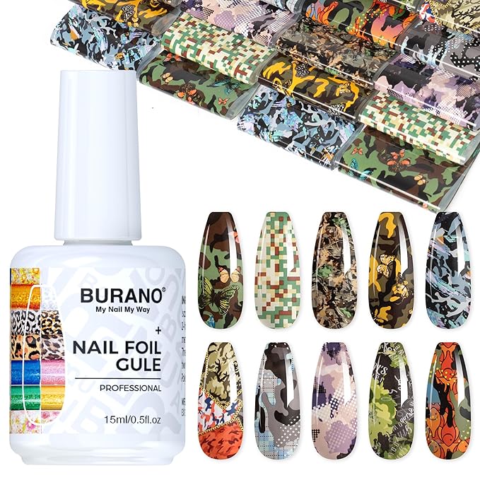 BURANO Nail Art Nail Foil Glue Gel, o.5 oz with 10PCS Foil Stickers Set Nail Foil Glue for Nails Foil Transfer Gel, Nail Design DIY UV LED Lamp Required (Color 19)