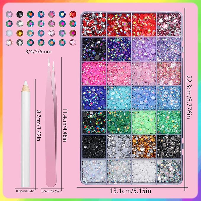 22300Pcs Color Rhinestones for Bedazzling, 3-6 mm Jelly Bedazzling Resin Gems, White Pink Purple Black Gold Tan Red Silver Gems Colored Bedazzling Kit for Crafting Nails Face Makeup Crafts Tumblers