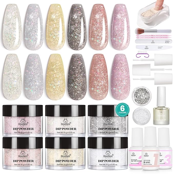 Beetles Dip Powder Nail Kit, 6 Colors Dipping Powder Nude White Pink Grey Yellow Glitter with Base Top Coat Activator and Tools All Season for French Nail Art DIY Home Manicure Salon Luxury Radiance