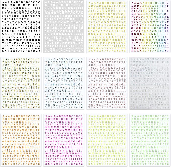 12 Colors Letters Nail Art Stickers, 3D English Self-Adhesive Sticker Design, Laser Gold Silver Red Black White Pink Yellow Green 26 Alphabet Nail Transfer Decals for Women Manicure Decorations