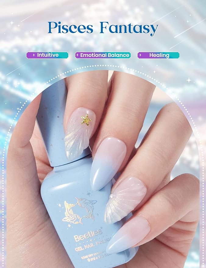 Beetles Pisces Fantasy Lucky Box, Pisces Zodiac Gel Nail Polish Kit Blue Purple Green Pink Colors, All-in-One Nail Art Set with Tools, Necklace Badge, Salon DIY Zodiac Gift for Women