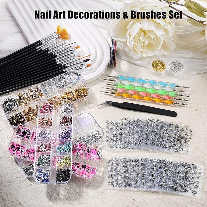 Nail Art Brushes Set,Nail Art Kit for Beginners,Brushes Dotting Pens with Striping Tape,Mini Caviar Beads,Rhinestones,Pearls,Foil Flakes,Sequins,Stickers Manicure Design Tools(Black)