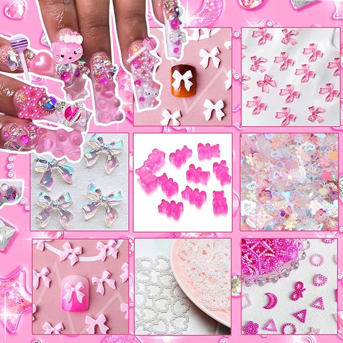 Namifin 3D Pink Nail Charms Bulk Gummy Bear Butterfly Bow Assorted Nail Charms Set Planet Cherry Gems Cute Heart Star Pearls Nail Charms for Nail Art DIY Supplies Accessories