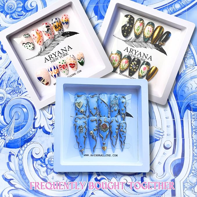 ARYANA NEW YORK 3D Press on Fake Nails Blue Angels Long Stiletto Press on Luxury Design for Women 10 PCS Acrylic Handmade, Blue Angels Collection- (Small)