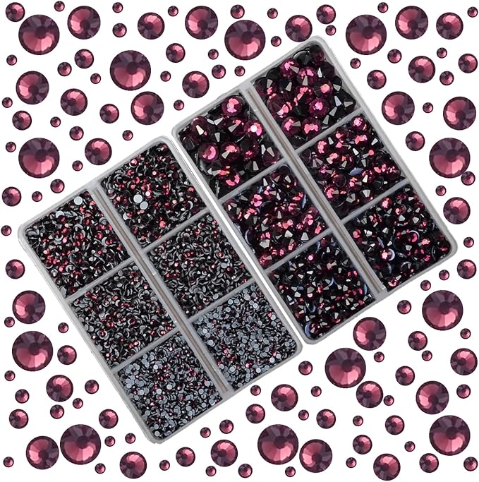 10000Pcs 2-Boxes Mixed Size Hot Fix Round Crystals Gems Glass Stones Hotfix Flat Back Rhinestones with Tweezers and Picking Pencil (Amethyst)
