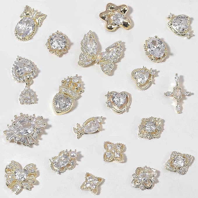HNUIX Nail Charms and Gems - Gold Copper Zircon, Multiple Shapes 3D Dangle, Metal LuxuryJewelry Rhinestones for Nails 20 Pieces