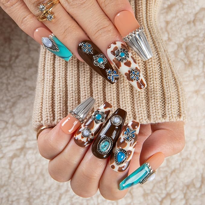LOVFUL Short Press on Nails Cowgirl’s Dream | Handmade Acrylic Press ons | Reusable Fake False Nails | Coffin Classic Regular 1.3 in | H644-M