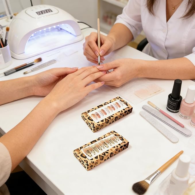 71 Pcs Empty Press on Nails Packaging Box 35 Pcs White Background Papers and 1 Double Sided Tape, Empty Nail Package Box Set for Press on Nail Business(Brown Leopard)