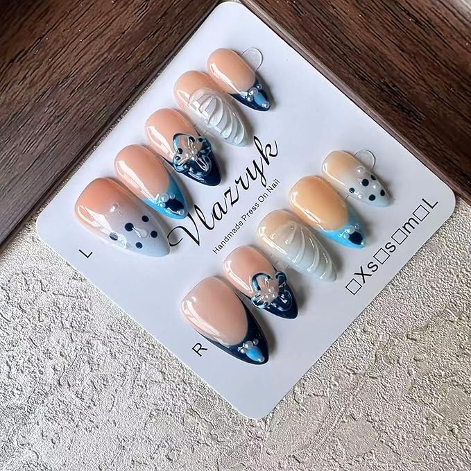 Handmade Press On Nails, Blue French Tip Winter Medium Almond Nails with 3D Flower Art | Reusable Fake Nails Kit for Women, Salon-Quality Glue-On False Nails（10PCS)