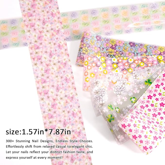 DANNEASY 300 Sheets Holographic Nail Foils Film, Iridescent Nail Art Transfer Foil Stickers Flower Leaf Foil Paper Sheets Starry Sky Star Design Sticker for Nails Decoration Supplies