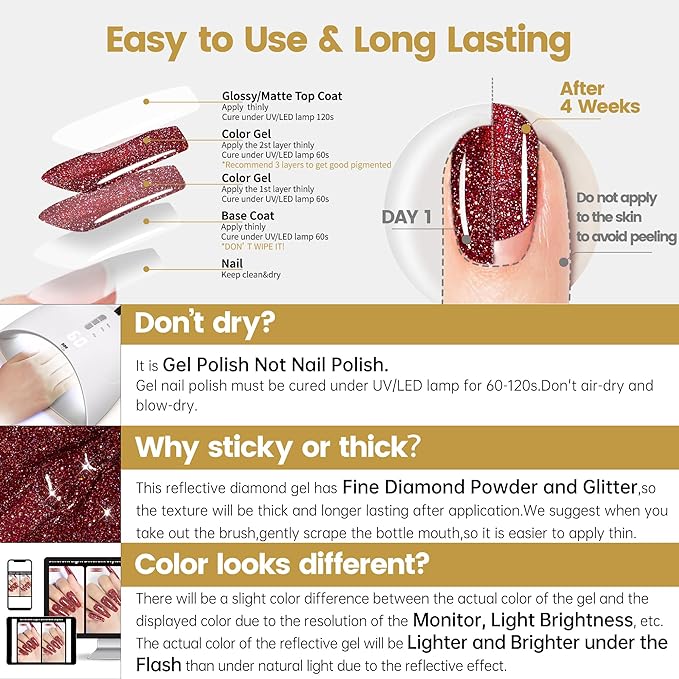 YTD Likomey Colorful Reflective Glitter Gel Nail Polish,15ml Red Flash Diamond Shimmer Nails Gel,Sparkly Shiny Salon Home Fall Winter Manicure UV Varnish,SZ395