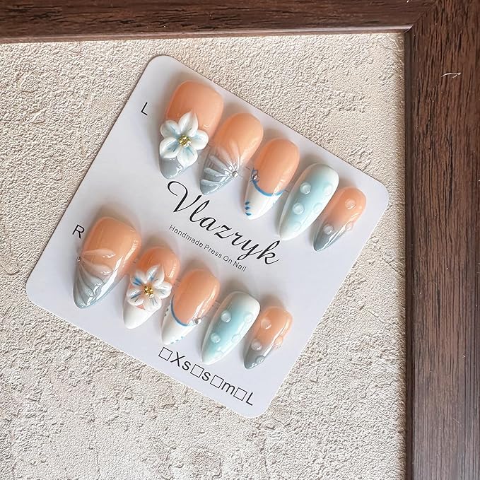 Handmade Press-On Nails for Women - Medium Almond Fake Nails | Luxury Gradient Blue 3D Floral Design | Reusable Salon-Quality Glossy Acrylic False Nails.