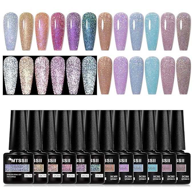 MTSSII Reflective Glitter Gel Nail Polish Set for Christmas Nails 12 Colors Including Pink Purple Silver Holographic Gel Polish Kit UV LED Soak Off Nail Polish Home DIY Manicure Nail Salon Varnish