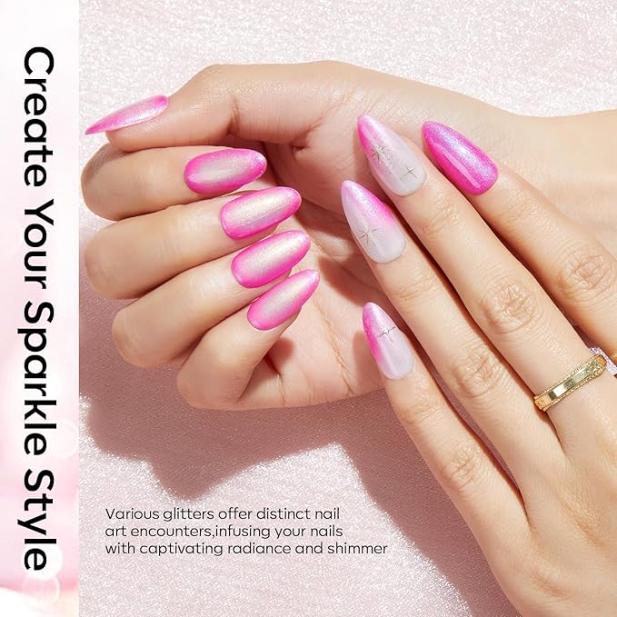 modelones Pink Glitter Gel Nail Polish Set, 6 Colors Valentine's Day Hot Pink Tones Sparkle Pink Shades Shimmer Cat Eye for Women Girl Nail Lovers Gift Salon DIY Nail Art Gel Nail Kit