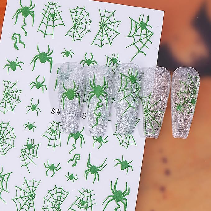 Luminous Halloween Nail Art Stickers Decals Cute White Ghost Nails Stickers Skeleton Spider Web Nails Decals Self-Adhesive Glow in The Dark Nail Art Decal for Women Halloween Decor