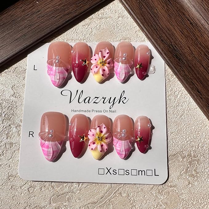 Handmade Press on Nails Wine Red Gradient,French Tip 3D Flower & Pearl Designs,Full Cover Medium Almond Fake Nails,Multi-Layer Gel Acrylic Stick on Nails for Women (10pcs)