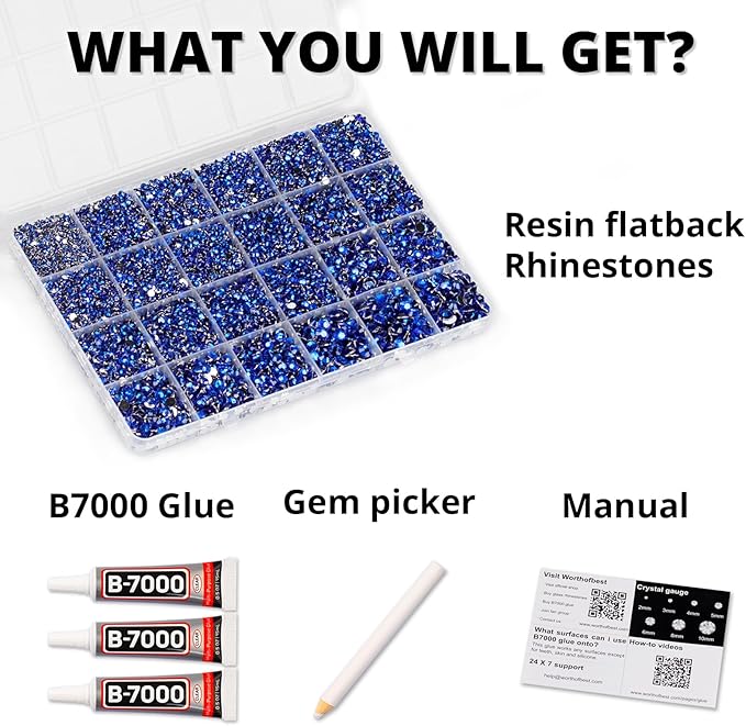 33000Pcs Blue Rhinestones for Bedazzling, Bedazzler Kit with Flatback Craft Rhinestones Navy Royal Dark Blue Bulk and B7000 Glue, 2,3,4,5,6mm Resin Flat Back Crystals for Craftings, Clothes, Nails