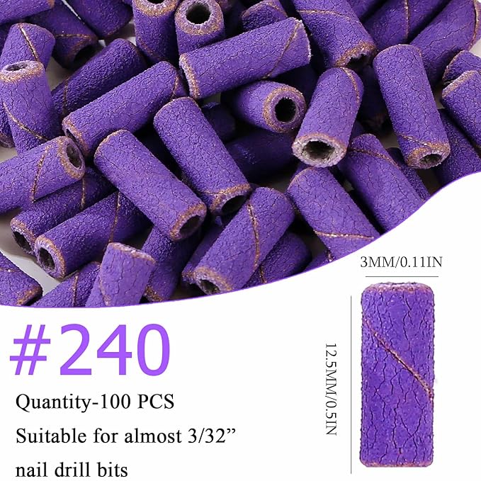 100pcs Nail Drill Bits Small Sanding Bands with 3.1mm Mandrel Bit, 240 Extra Fine Grit Nail File Sanding Bands for Acrylic Nails Gel Removing Shaping Manicures and Pedicure (Purple, 240 Grit)