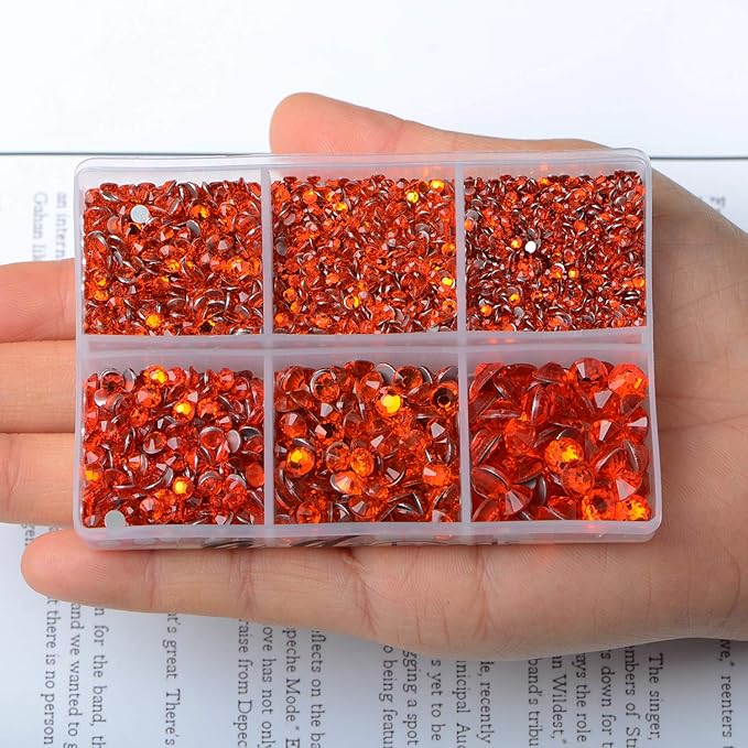 AD Beads 4300 Pieces Flat Back Nail Art Rhinestones Round Beads 6 Sizes (2-6.5mm) with Storage Organizer Box,Rhinestones Picking Pen for Nail Art Phone Decorations Crafts DIY (Orange)