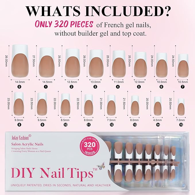 French Gel Nail Tips - Jofay Fashion French Tip Press on Nails, 10-Piece Set 320Pcs Brown Long Square Nail Tips, No Need to File Acrylic Fake Nails for Nail Art DIY & Nail Extension, 16 Sizes