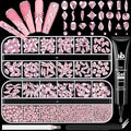 1680Pcs Pink Glass Nail Rhinestones 180Pcs Multi Shapes Flatback Nail Gems + 1500Pcs 1.5-4mm Round Crystal with Rhinestones Glue Gel, Manicure Nail Charms Diamond Gemstones for Nail Art