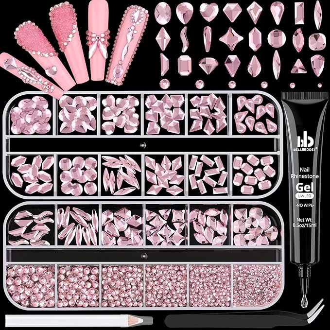 1680Pcs Pink Glass Nail Rhinestones 180Pcs Multi Shapes Flatback Nail Gems + 1500Pcs 1.5-4mm Round Crystal with Rhinestones Glue Gel, Manicure Nail Charms Diamond Gemstones for Nail Art