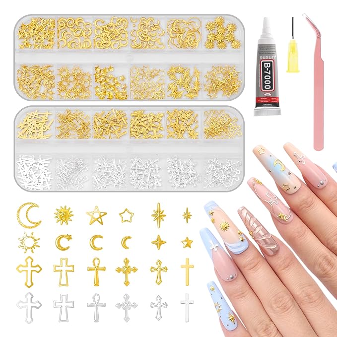 MelodySusie 3D Nail Charms and Gems, 2 Acrylic Boxes Golden Silver Include Alloy Star Sun and Cross Nail Art Studs With Tweezer Tools for Y2K Manicure Nails Design Supplies DIY Crafts Decoration