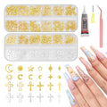 MelodySusie 3D Nail Charms and Gems, 2 Acrylic Boxes Golden Silver Include Alloy Star Sun and Cross Nail Art Studs With Tweezer Tools for Y2K Manicure Nails Design Supplies DIY Crafts Decoration
