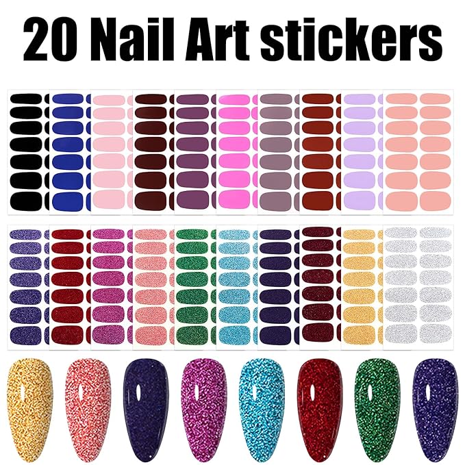 WOKOTO 20 Pcs Multi-Color Nail Polish Stickers Strips With 1 Nail File Kit, 14 Tips Per Sheet 10 Sheets Solid & 10 Glitter Solid Nail Polish Strips Full Nail Wraps Polish Decals For Women Girls
