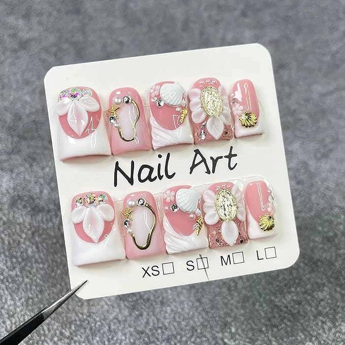 Handmade Press on Nails Medium Duck Fake Nails White French Tip Acrylic False Nails with 3D Flower Design Luxury Full Cover Stick on Nail for Women 10Pcs Manicure (Size M)