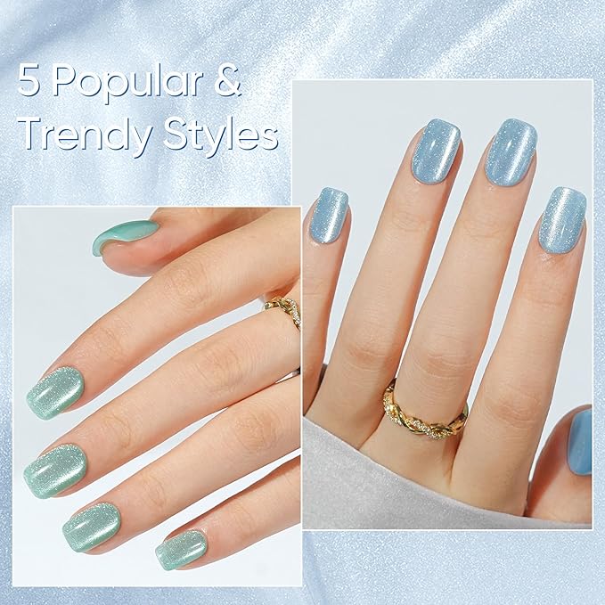 Press on Nails Short 5 Styles, Jofay Fashion 160Pcs Valentines Cat Eye Press on Nails for Women, Reusable Opaque Gel Fake Nails, Square Glue On Nails in 16 Sizes, Island