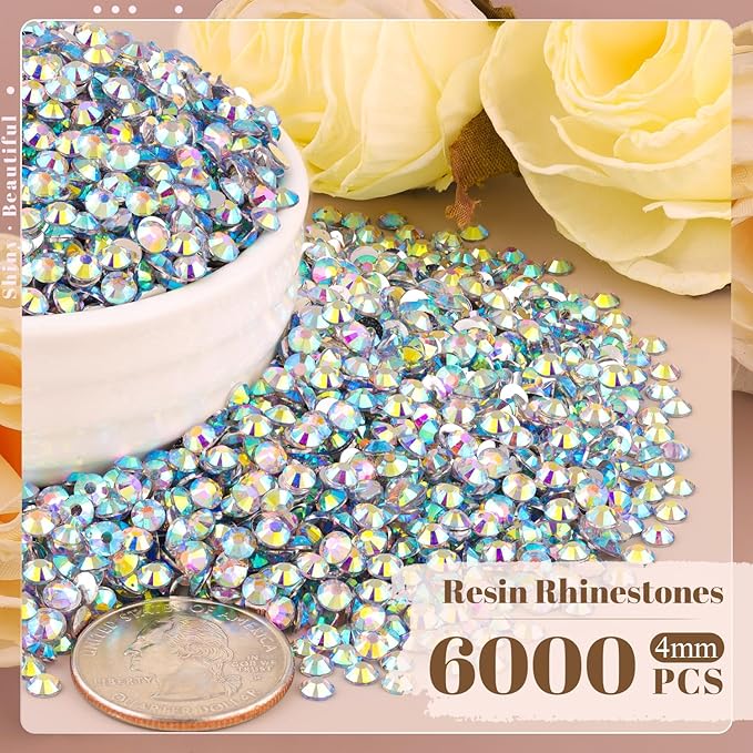 6000PCS 4mm Resin Rhinestones Bulk for Crafting (AB), Flatback Bedazzling Crystals for Crafts DIY Nail Decoration, Gems Charms for Tumbler Shoes Clothing Fabric with Pickup Pen and Tweezers