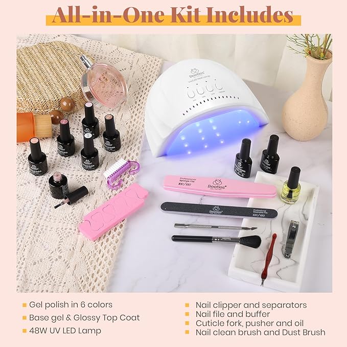 Beetles Gel Nail Polish Kit with U V LED Light - 6 Colors Jelly Milky White Sheer Pink Nude Gel Polish Starter Kit Manicure,Soak Off U V Nail Polish Set Salon DIY for Girl