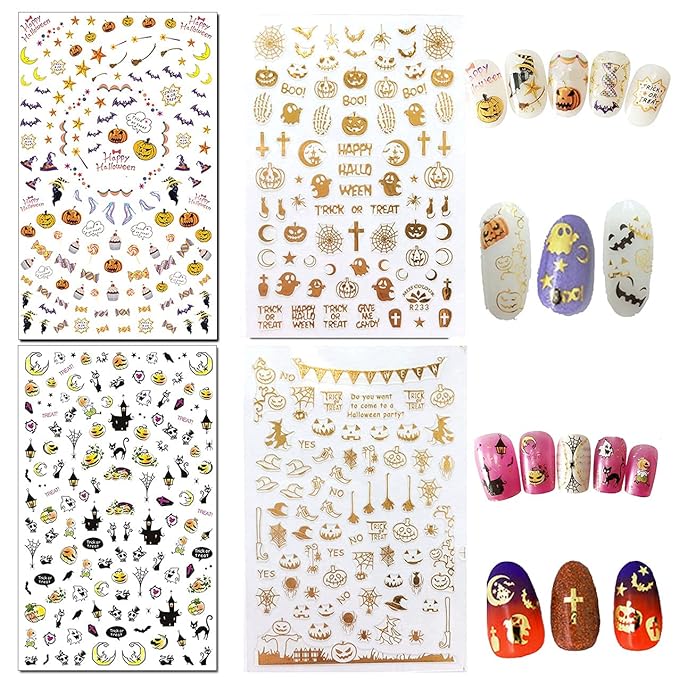 TailaiMei 1500 Pcs Halloween Nail Decals Stickers, 12 Sheets Self-Adhesive DIY Nail Art Tips Stencil for Halloween Party, Include Pumpkin/Bat/Ghost/Witch etc