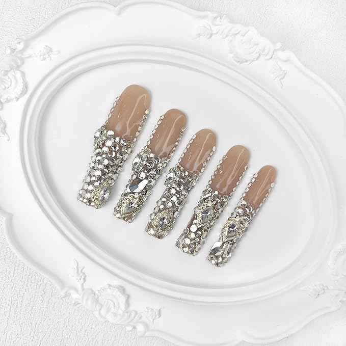 2025 New PMMA Acrylic Long Press on Nails with Semi-Applied Rhinestone Design Glossy Nails, Reusable Nail Set with Box Gift for Women (Rhinestone, M)